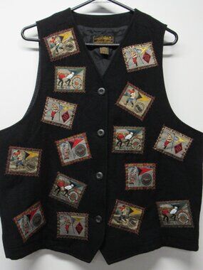 Vintage Eddie Bauer Snow Sports Apres Ski Patches Black Wool Button Front Vest M